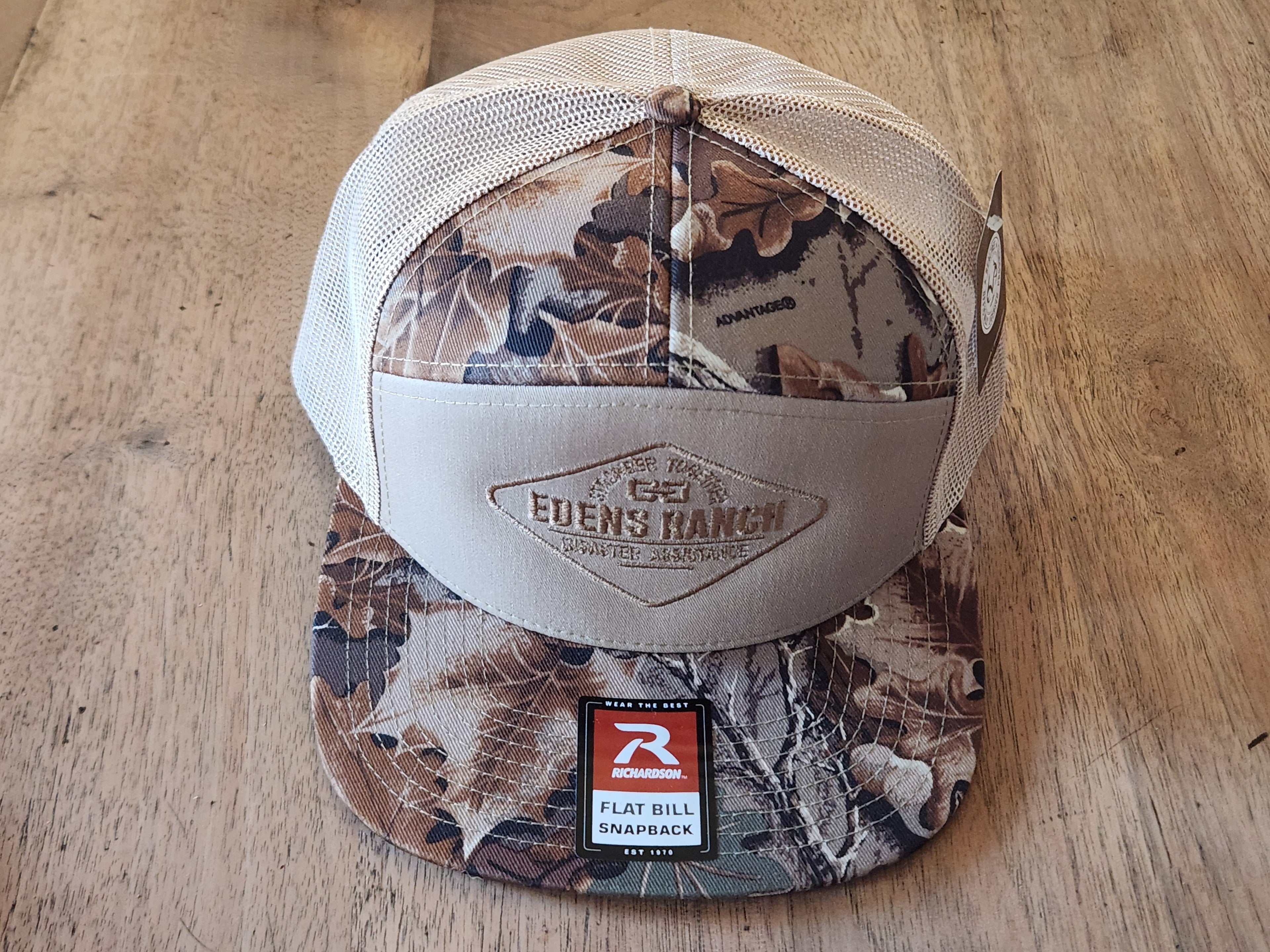 Richardson 7 Panel Leaves Tan Full Logo